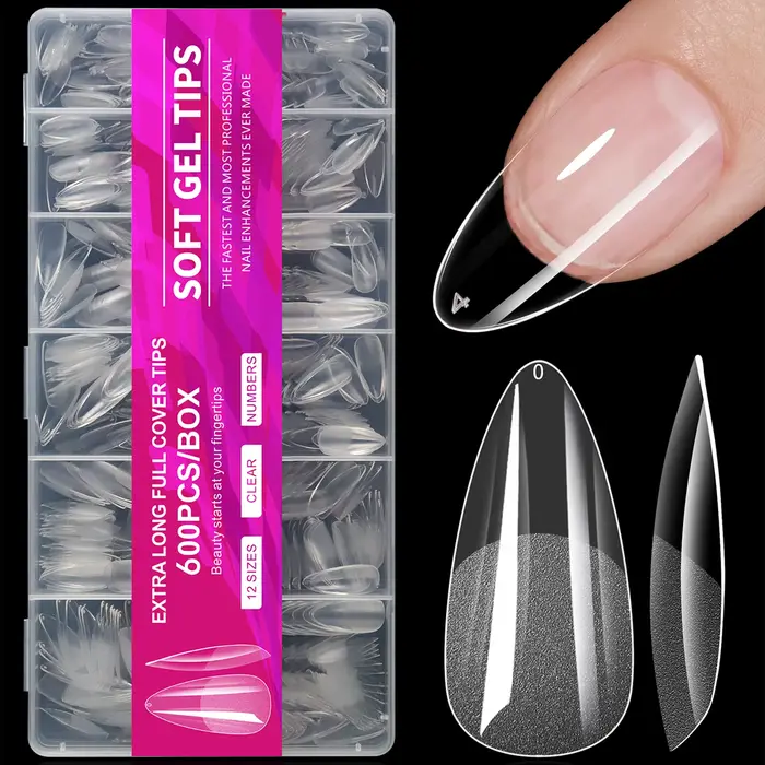 100/600 faux ongles courts en forme d'amande, en gel souple, couvrants, pour ongles en acrylique, à