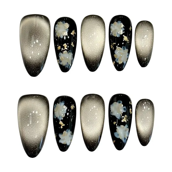 Faux ongles œil de chat noir et or, 10 pièces, faits main, élégants, style européen, en amande, à pr