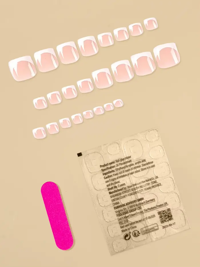 24 faux ongles de pieds roses style français carrés, faux ongles d'été à presser, patchs d'ongles artificiels tendance