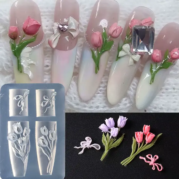 5D tulipe bouquet ongles breloques moule en Silicone doux nœud papillon conception sculpture Art rés