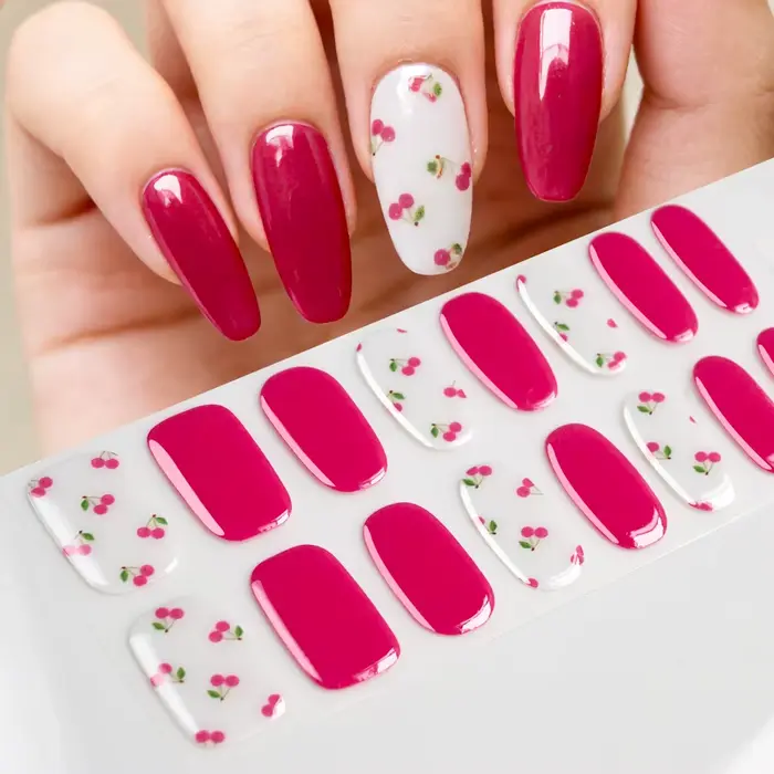 Autocollants pour ongles en gel UV semi-durcis à motif fleur de cerisier rose, couverture complète, 