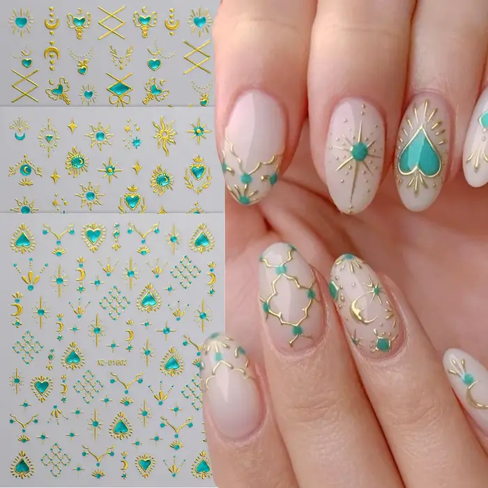5D bleu gemme étoile soleil lune bronzant Nail Art autocollant métallique Style bohème or argent amo