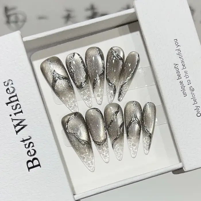 10 pièces Halloween faux ongles réutilisable longue pointe noir craquelé oeil de chat Style Punk argent