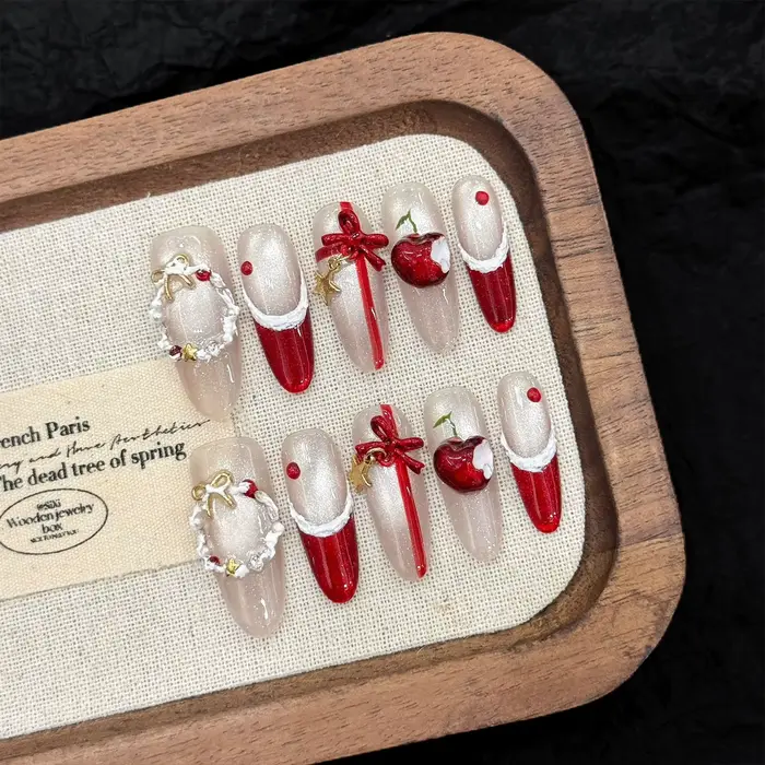 10 pièces faux ongles de noël faits à la main charmant oeil de chat rouge pointe française presse su