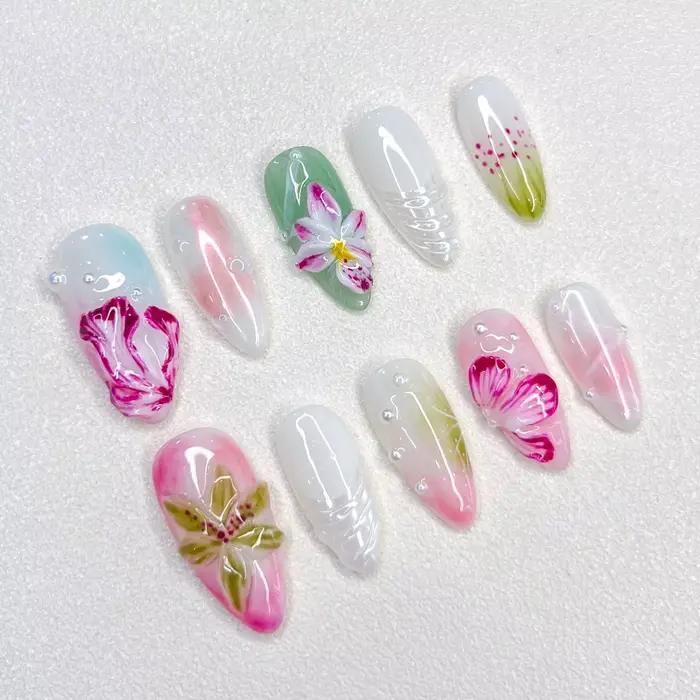 Printemps fait à la main presse sur ongles 10 pièces brillant rose 3D fleur