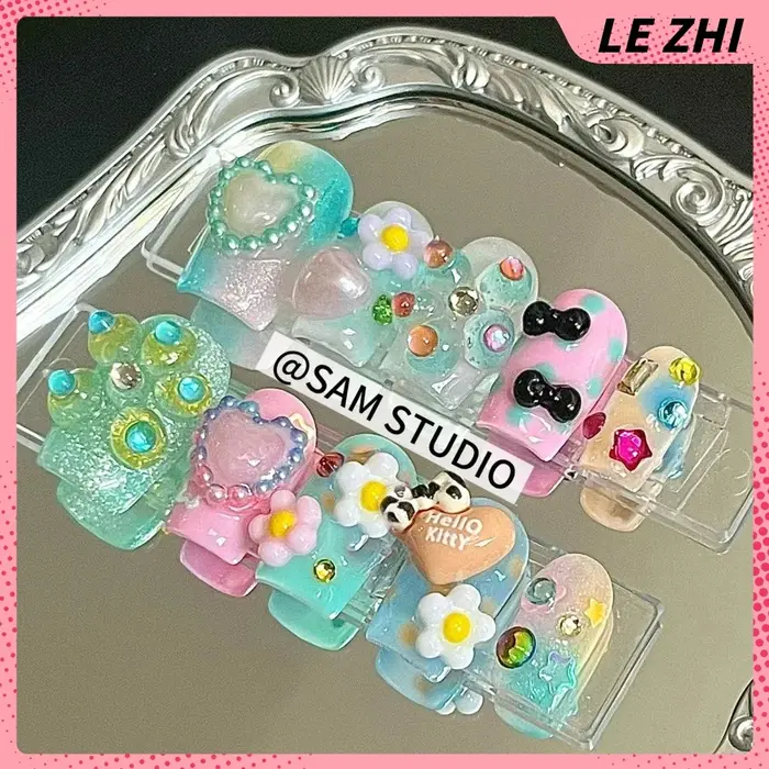 Ongles à presser faits main style Spice Girl Y2K, motif dessin animé, étoiles, diamants, perles, pois roses, notes musicales, imprimé léopard