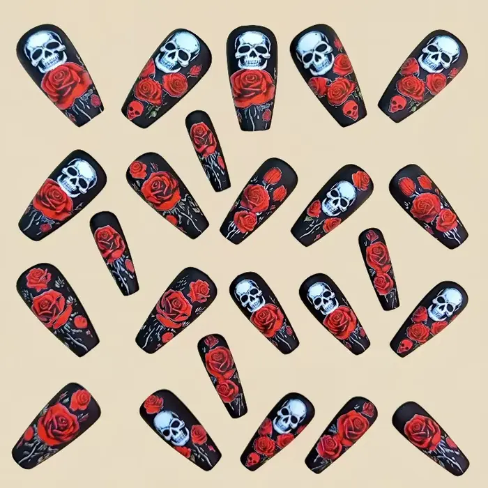 24 Halloween Nail Art Ongles de ballet mi-longs Press Ons avec design Rose rouge Skullpcs Faux