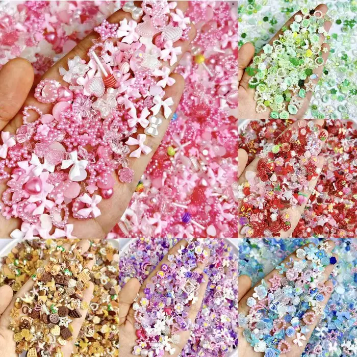 Breloques mignonnes mélangées au hasard pour ongles, nœud, fleur, étoile, coeur, perle creuse douce,