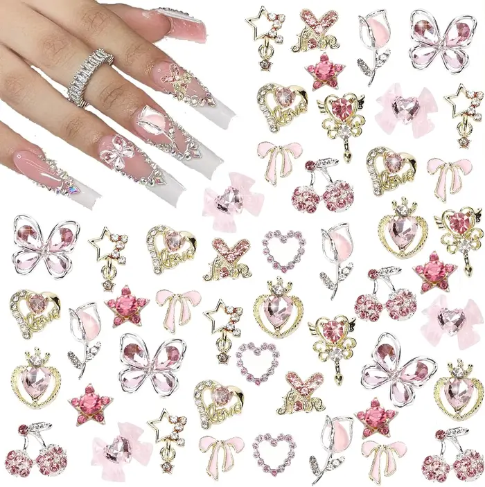 24 pièces breloques pour ongles Y2k alliage Nail Art strass breloques 3D coeur étoile arc avec stras