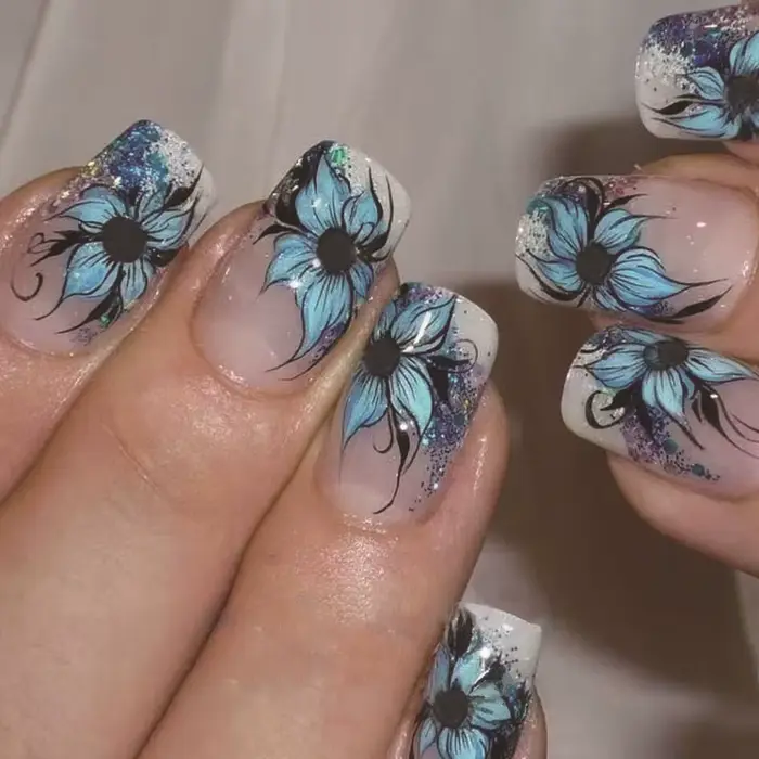 24 pièces/ensemble faux ongles mi-longs fleurs de dragon jaunes conception de plumes pour le printemps été pointes