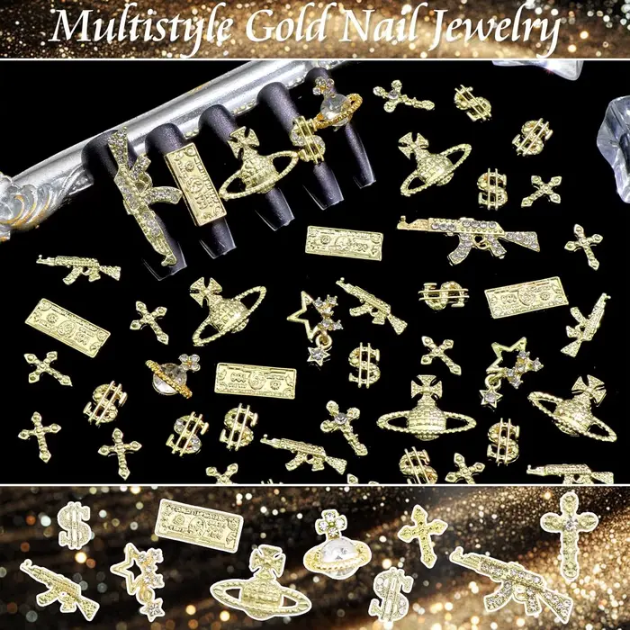 55 pièces pistolet ongles breloques 3D croix Nail Art bijoux or Dollar signe breloques ongles Multi