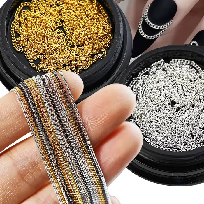 Chaînes de décoration en métal doré et argenté pour Nail Art, 100cm, 3D Punk, luxe, chaîne à paillet