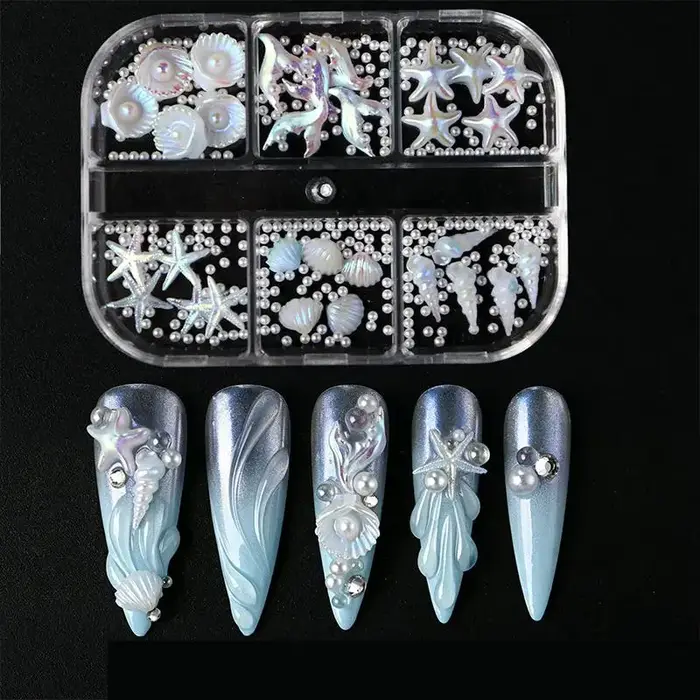 Breloques pour ongles DIY, 6 panneaux, coquillages nacrés, étoiles de mer blanches, design perlé, décorations pour ongles pour les techniciennes professionnelles en manucure