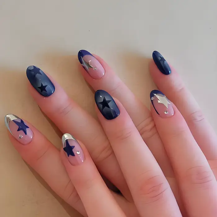 24 faux ongles nude en amande avec pointe française, imprimé léopard, nœud perlé et étoiles pour fem