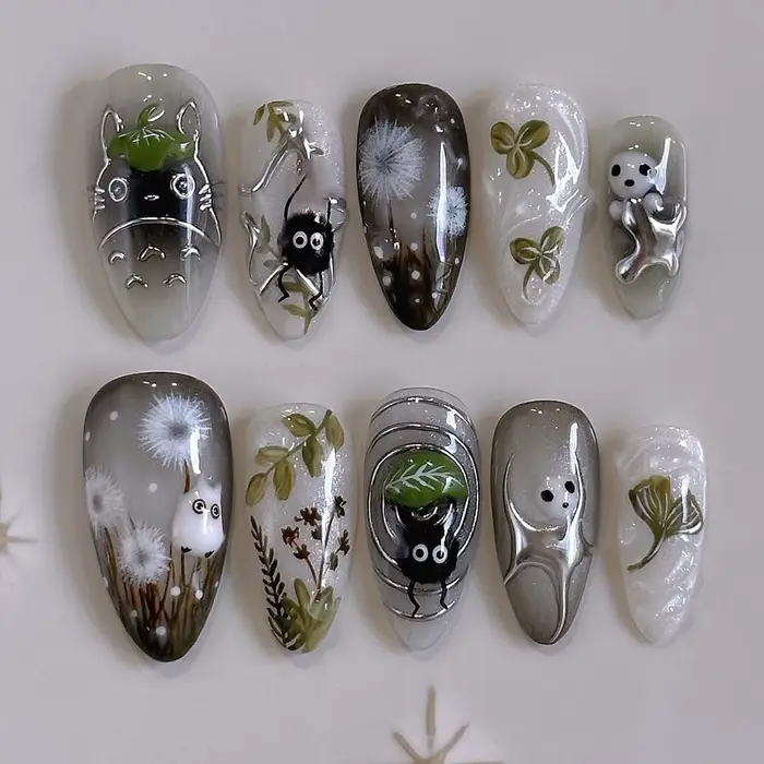 24 pièces dégradé noir faux ongles mignon dessin animé oeil de chat forêt elfe fille presse