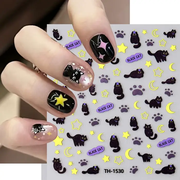 Autocollant pour ongles motif chat noir Kawaii, décalcomanies à faire soi-même, motif griffe rose, j
