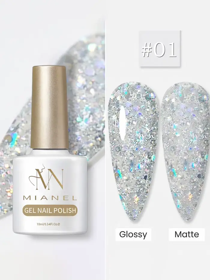 Vernis Gel Holographique Argent-Blanc Pailleté Vert, Gel LED Soak-off, Gel Pailleté Argent-Blanc Irisé, pour Salons de Manucure