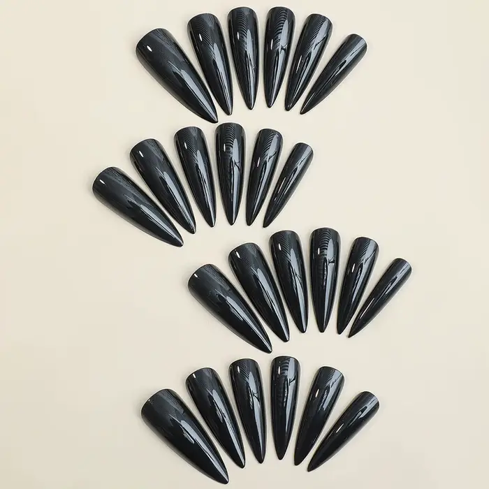 Patchs pour faux ongles longs et pointus, brillant, noir foncé, Cool, portable, à pression, couleur