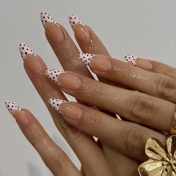 Ensemble complet de 24 faux ongles longs en forme d'amande – Nail art français à pois rose nude