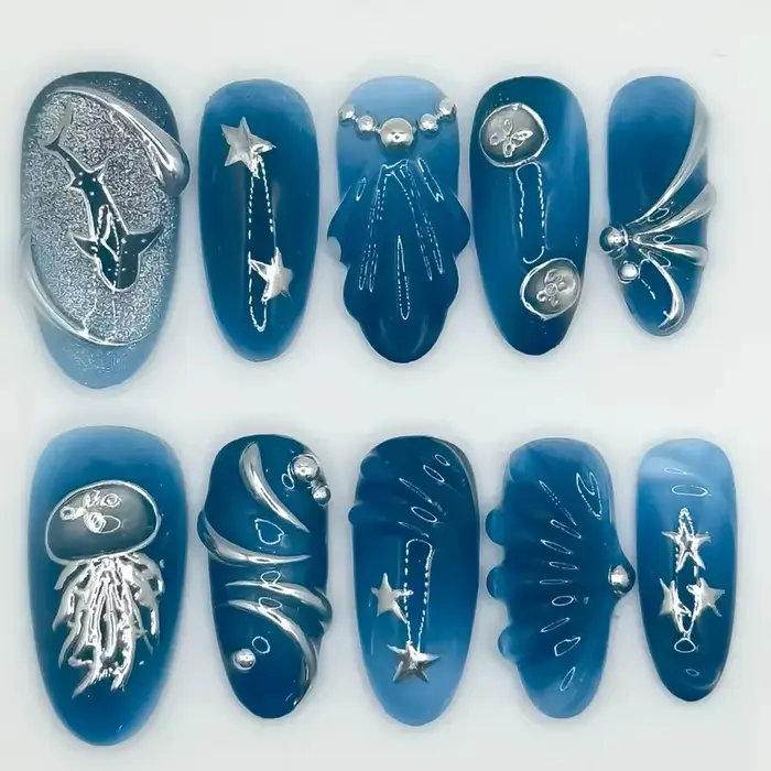 10 pièces à la main faux ongles Art océan coquillage Design bleu mi-long ovale faux ongles conseils 