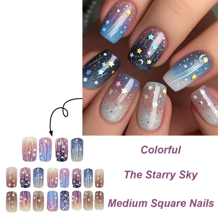 24 pièces faux ongles avec ciel étoilé coloré carré presse