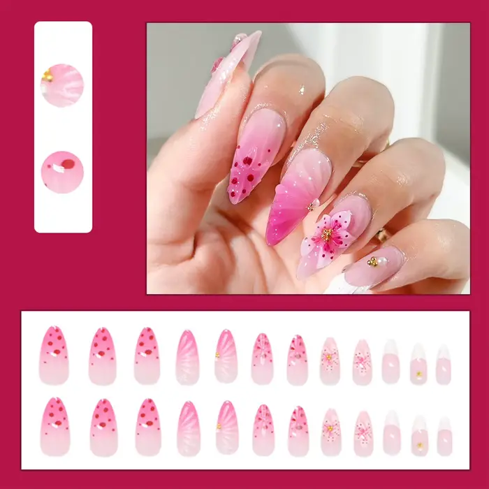 30 pièces fleurs rouges imprimé presse sur ongles français amande rose Blush faux