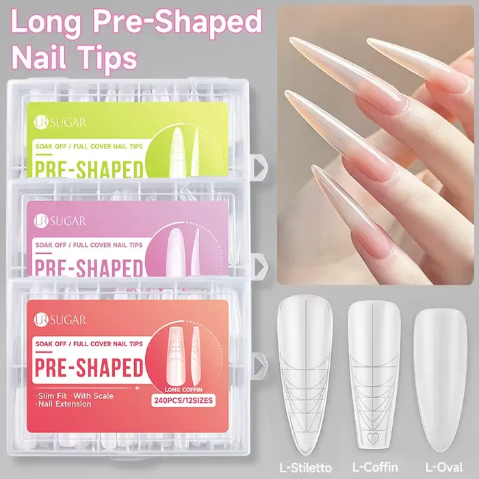 UR SUGAR 240PCS 10 Tailles Faux Ongles Préformés Slim avec Ligne Française Transparents Mat Longs Couverture Complète Pointes d'Ongles Extension Rapide