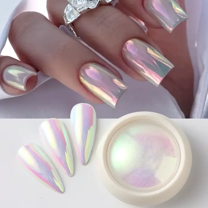 Poudre à ongles chromée sirène irisée