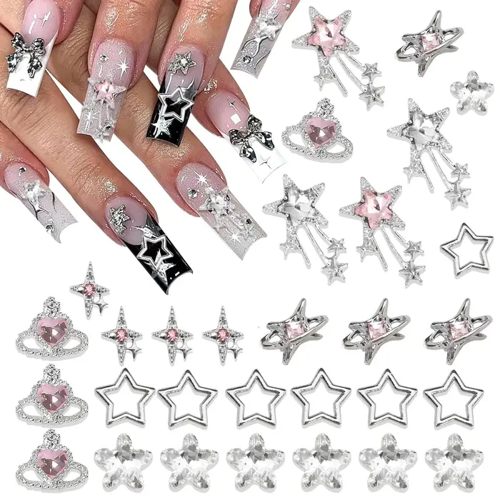 40 pièces étoile ongles breloques argent 3D