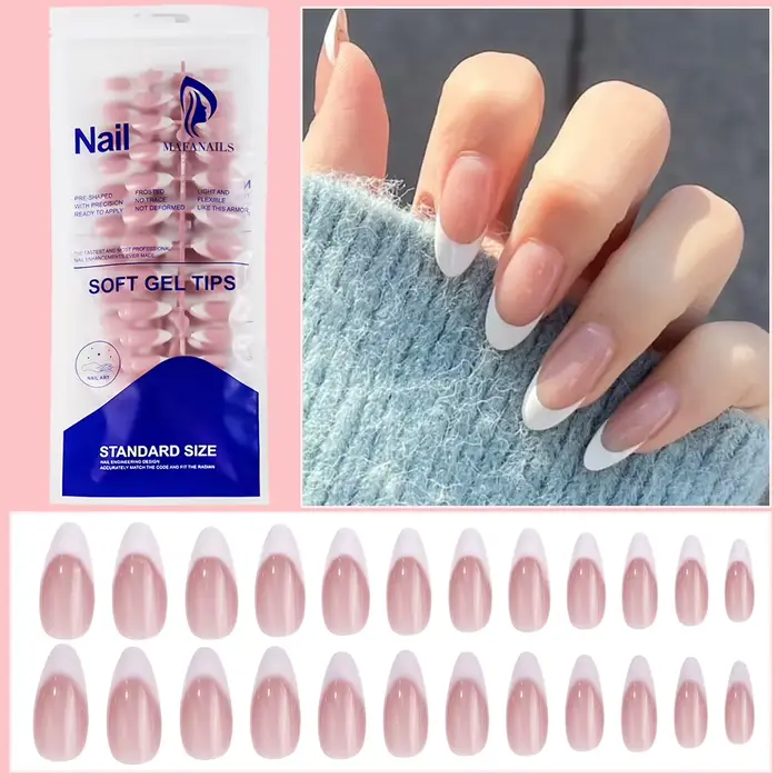 120/150 pièces Faux ongles français ovales moyens dégradés rose bleu, à motifs pois mignons/nœuds/im