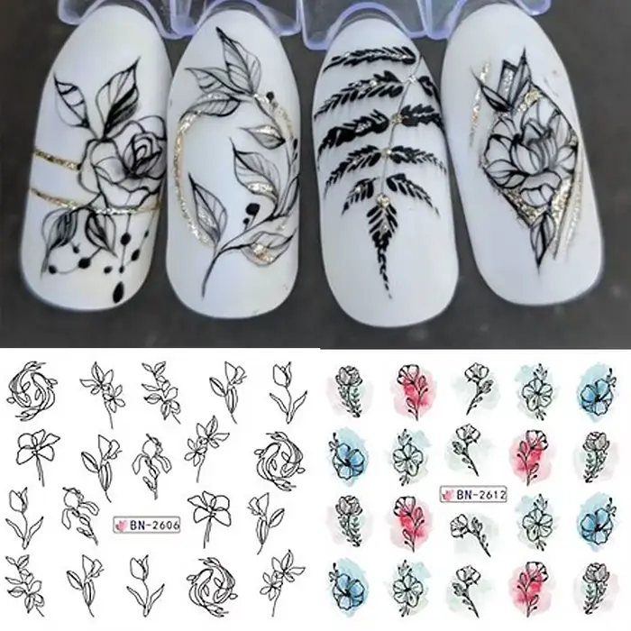 Autocollant de fleurs d'encre pour Nail Art, 12 pièces, décalcomanie d'eau d'été, fleurs en fleurs,