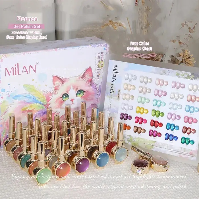 Eleanos HighEnd – Kit de vernis gel magnétique œil de chat 30 pièces 15 ml avec nuancier et différents flacons décorés