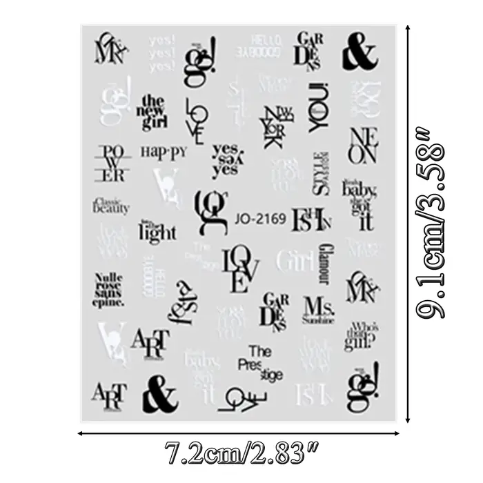 Autocollants pour ongles avec lettres anglaises noires et blanches