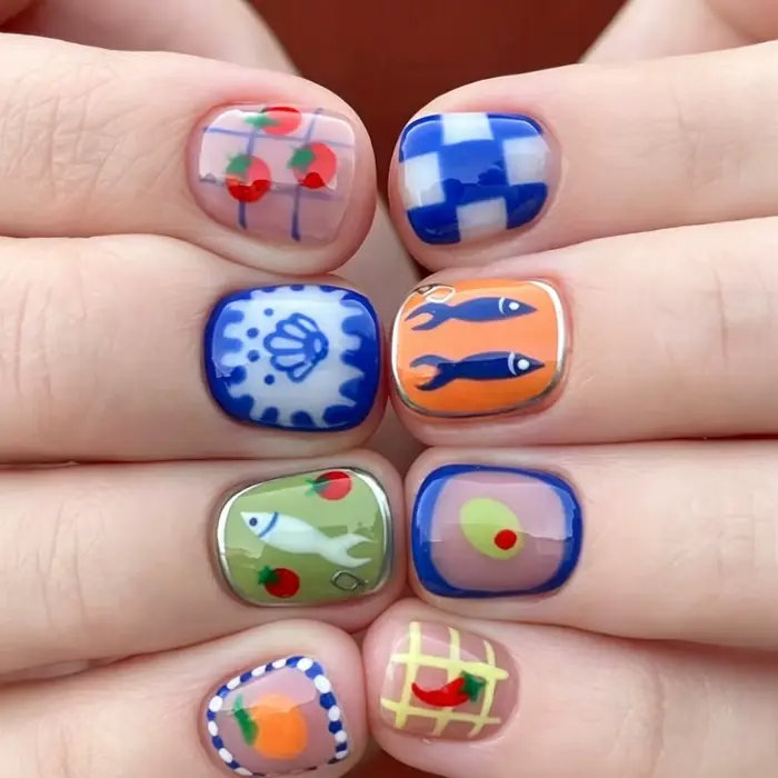 24 faux ongles mignons en forme de dessin animé, motifs kawaii fruits et poissons, ongles à presser