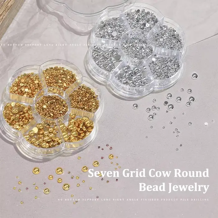 7 grilles argent or taille mixte perle Nail Art décorations blanc demi-rond fond plat