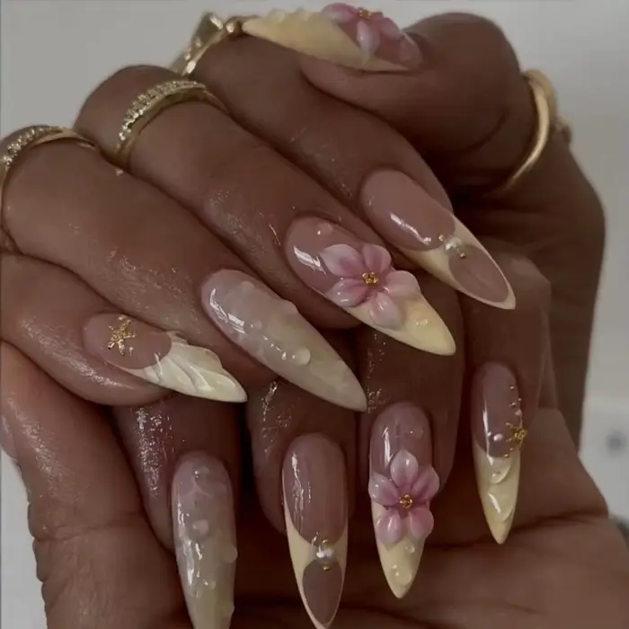 24CS Faux Ongles Français Imprimé Léopard Dégradé Coloré Amande à Presser Fleurs 3D avec Perles pour