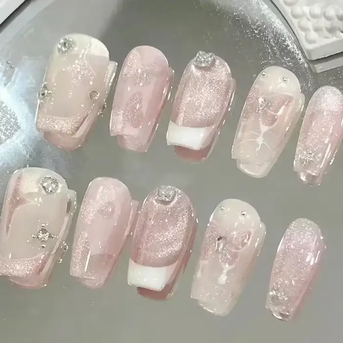 24 pièces Rose rouge faux ongles longue fleur Ballet presse