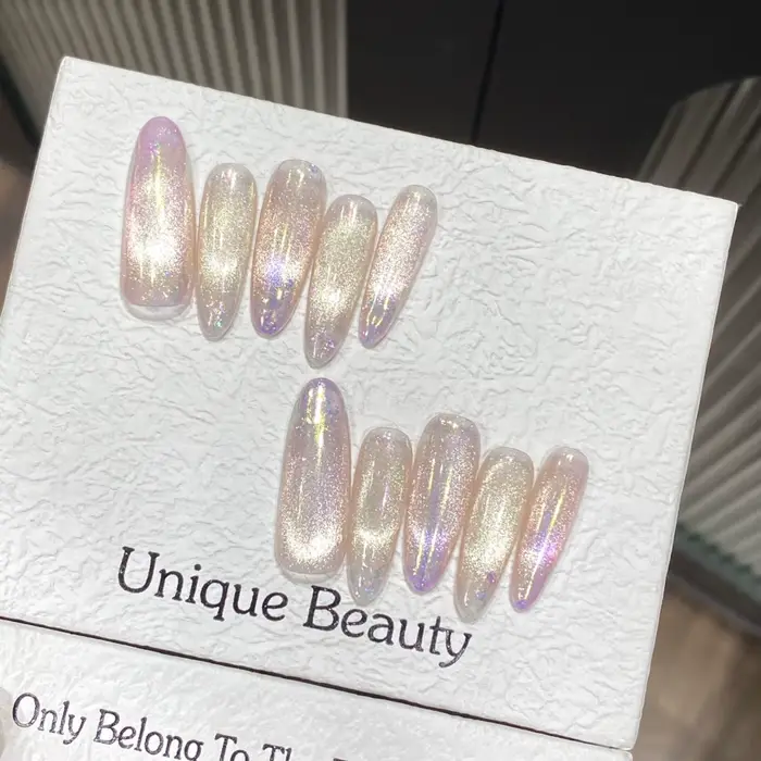 10 faux ongles brillants effet dégradé œil de chat, faits à la main, style larmes de fée, à presser,