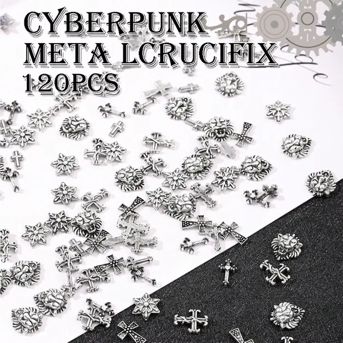 Argent ancien 120 pièces Punk métal Nail Art croix Patch Y2k métal Style rétro croix ongles ornement
