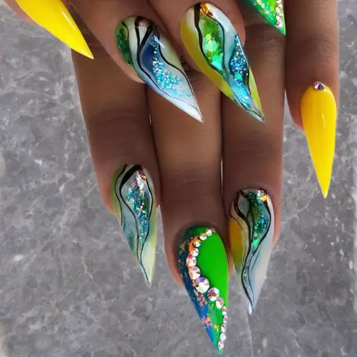 N64 Long Stiletto False N64 Almond Sharped Glossy Glue Bling Glitter Stick on bal inestone souhaits 