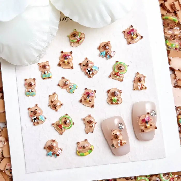30 pièces roman réaliste marron Capybara résine ongles breloques 3D dessin animé mignon noix de coco dauphin cochon