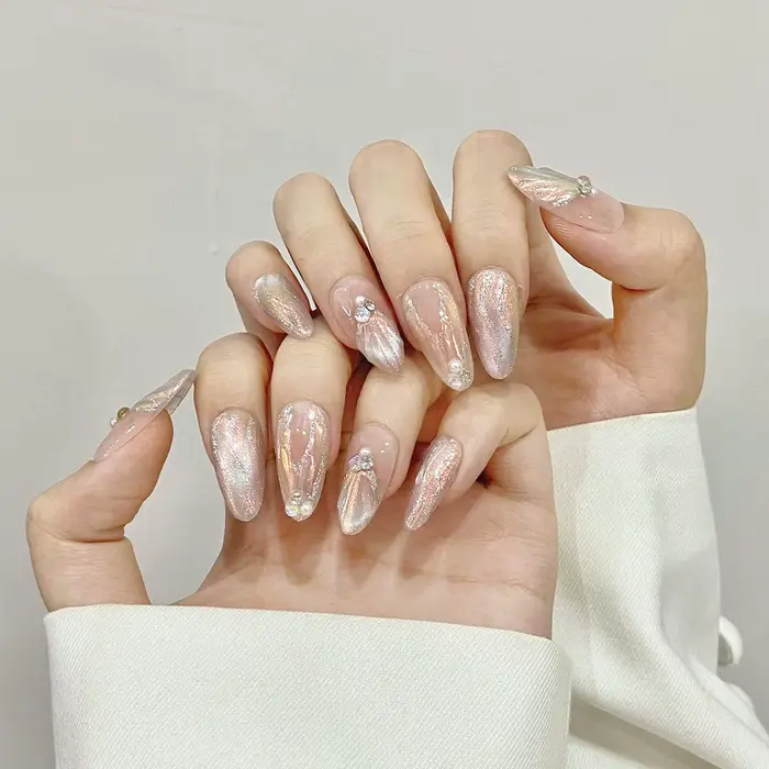 Presse à la main sur les ongles bleu aurore sirène faux ongles patchs portable détachable français p