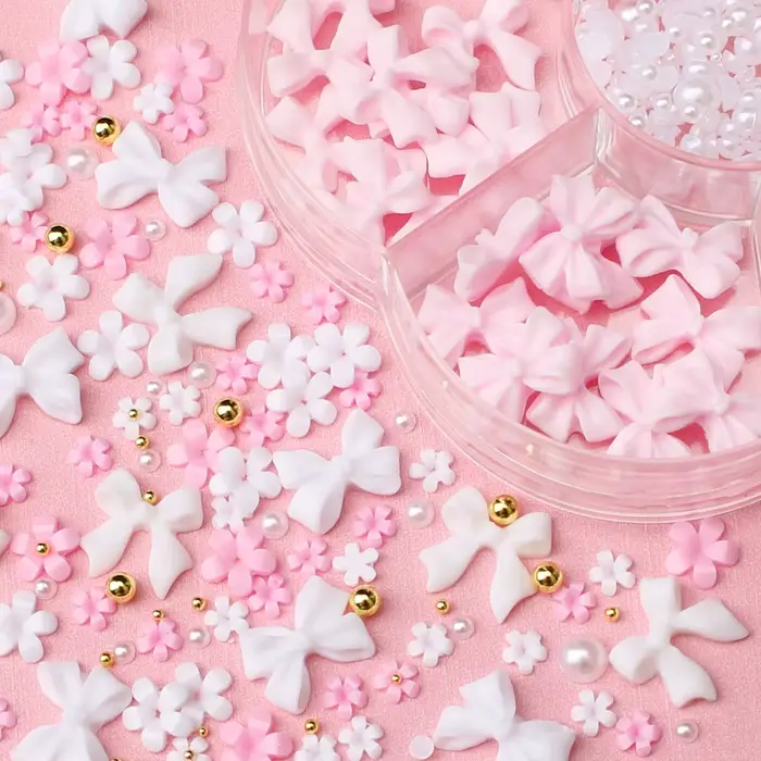 Kit de décorations pour ongles avec nœud floral 3D, 1 boîte, rose/blanc, acrylique Floral/perles de 