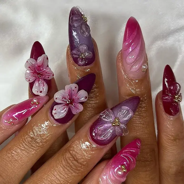 Faux ongles de luxe Maillard en amande à presser avec motif floral 3D et coquille, brillants et réutilisables, pour mariée