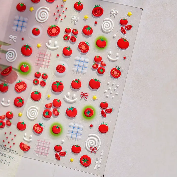Autocollant pour Nail Art, gelée rouge juteuse, tomate, mignon, nœud papillon, étoile à paillettes,