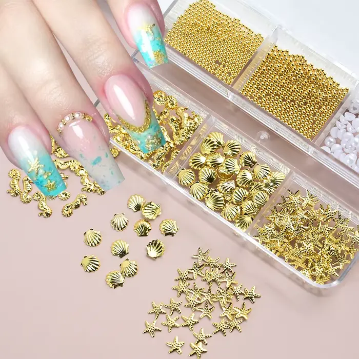 Breloques en métal pour Nail Art, 6 grilles, océan d'été, coquille 3D, étoile de mer, hippocampe, pe