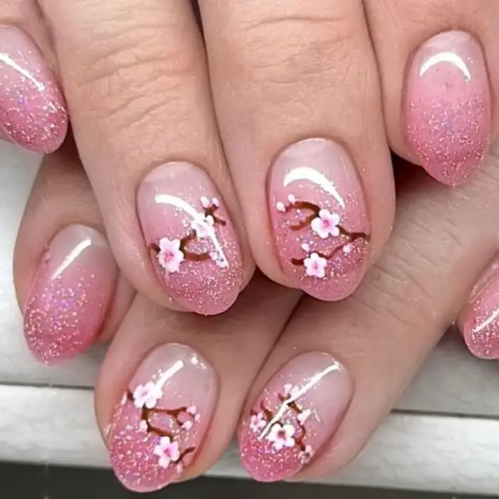 Faux ongles français dégradés, doux et frais, avec fleurs violettes, Design court et carré, à pressi