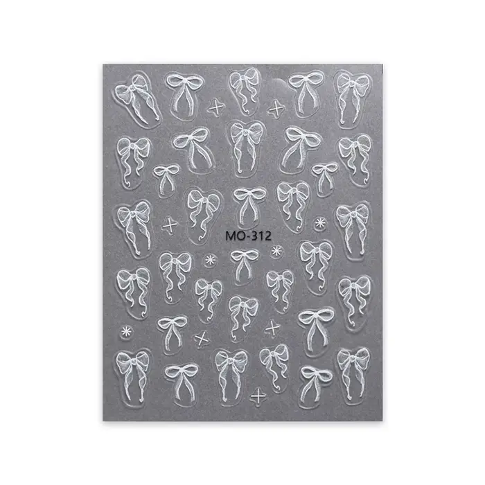 Autocollants pour ongles à nœud papillon, ruban blanc en Relief 3D, mignon, rose doux, autocollants 