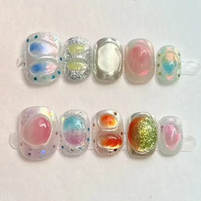 10 pièces mignon court rond à la main faux ongles paillettes coloré 3D doux Cool Art fini