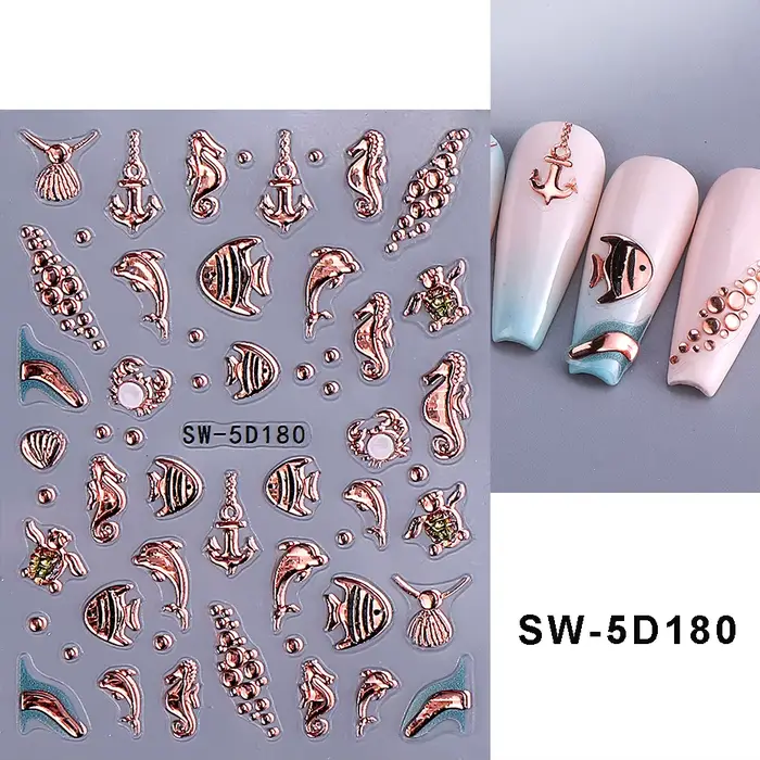 Autocollant pour ongles 5D, plage d'été, coquille, océan, étoile de mer, poisson, décalcomanies auto